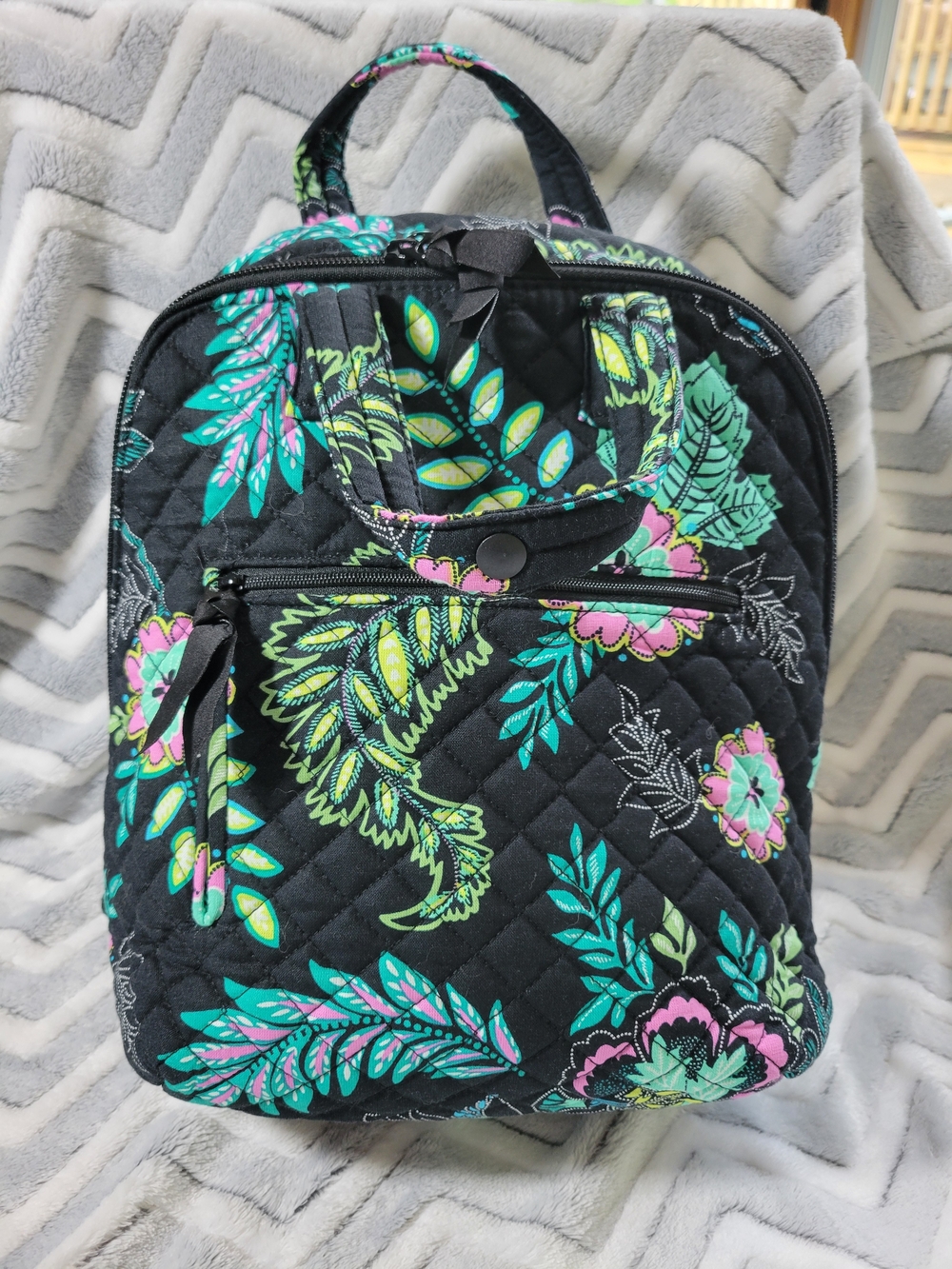 Vera Bradley Black Quilted Backpack with Teal & Pink Floral